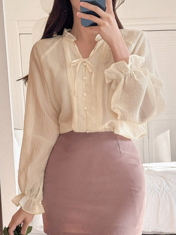 DAZY Solid Color Loose Long Sleeve Stand Collar Ruffle Bell Sleeve Tie Front Casual Summer Blouse For Women
