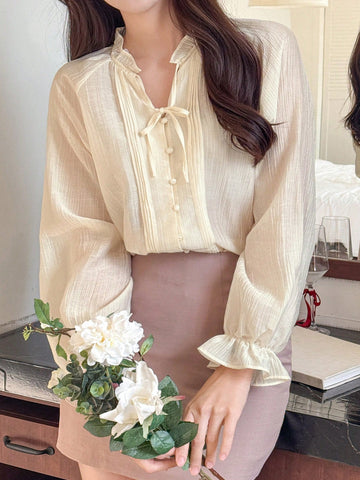 DAZY Solid Color Loose Long Sleeve Stand Collar Ruffle Bell Sleeve Tie Front Casual Summer Blouse For Women
