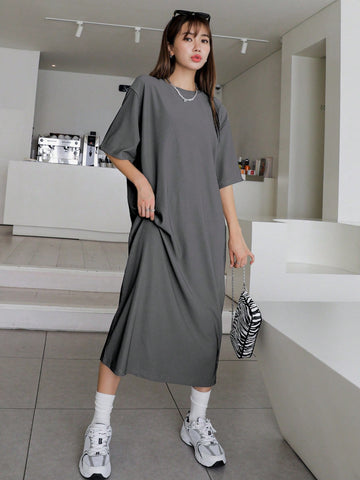 DAZY Solid Color Midi Loose Casual Dress With Mid-length Sleeves