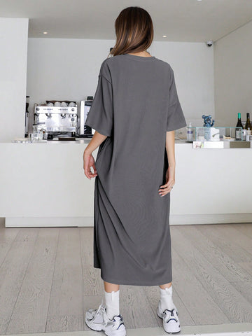 DAZY Solid Color Midi Loose Casual Dress With Mid-length Sleeves