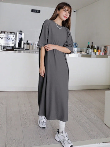 DAZY Solid Color Midi Loose Casual Dress With Mid-length Sleeves