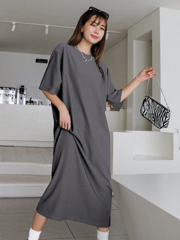DAZY Solid Color Midi Loose Casual Dress With Mid-length Sleeves