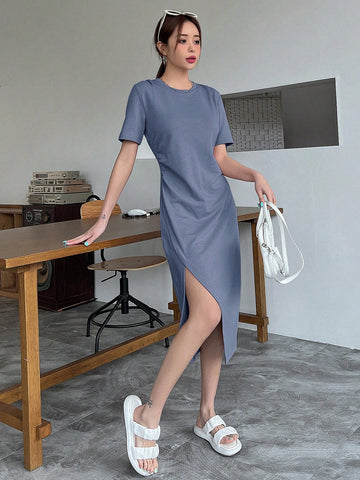 DAZY Solid Color Open Front Pleated Short Sleeve Dress