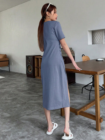 DAZY Solid Color Open Front Pleated Short Sleeve Dress