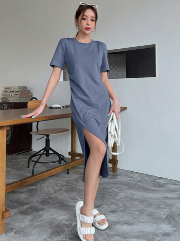 DAZY Solid Color Open Front Pleated Short Sleeve Dress