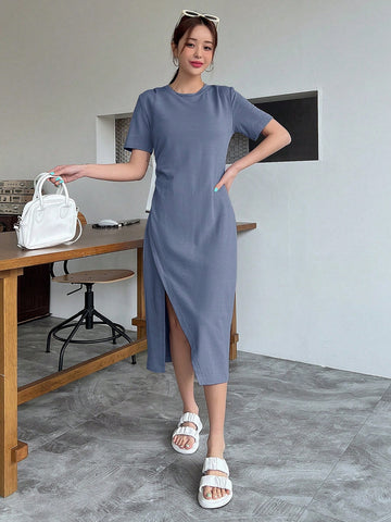 DAZY Solid Color Open Front Pleated Short Sleeve Dress