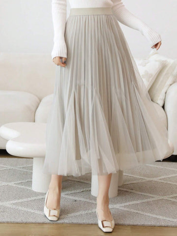 DAZY Solid Color Pleated A-Line Skirt For Women