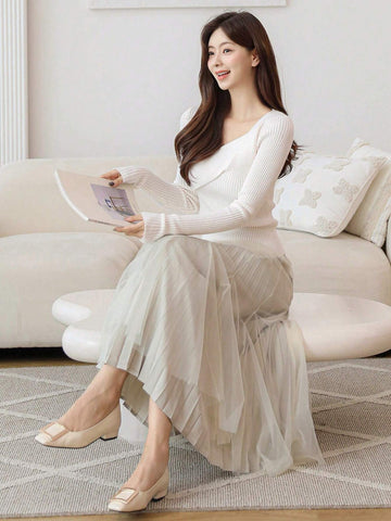 DAZY Solid Color Pleated A-Line Skirt For Women