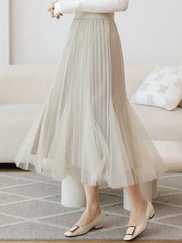 DAZY Solid Color Pleated A-Line Skirt For Women