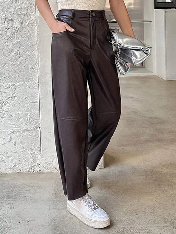 DAZY Solid Color Pu High-Waist Cropped Pants