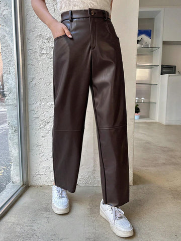DAZY Solid Color Pu High-Waist Cropped Pants