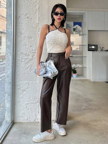 DAZY Solid Color Pu High-Waist Cropped Pants
