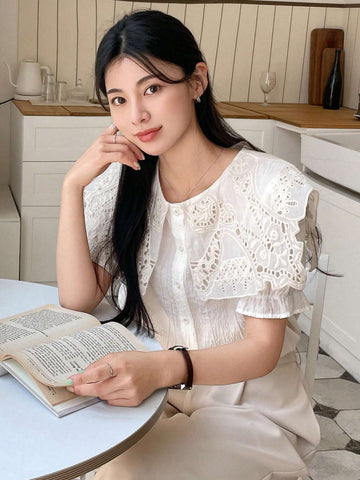 DAZY Solid Color Round Neck Embroidered Burnout Short Sleeve Women's Blouse