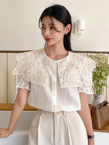 DAZY Solid Color Round Neck Embroidered Burnout Short Sleeve Women's Blouse