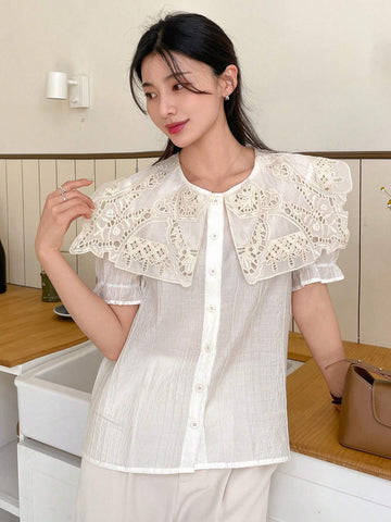 DAZY Solid Color Round Neck Embroidered Burnout Short Sleeve Women's Blouse