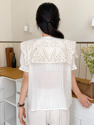 DAZY Solid Color Round Neck Embroidered Burnout Short Sleeve Women's Blouse