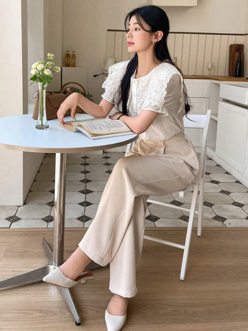 DAZY Solid Color Round Neck Embroidered Burnout Short Sleeve Women's Blouse