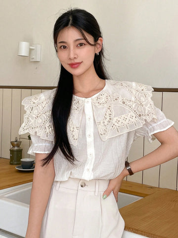 DAZY Solid Color Round Neck Embroidered Burnout Short Sleeve Women's Blouse