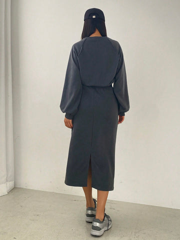 DAZY Solid Color Round Neck Raglan Sleeve Top And Skirt