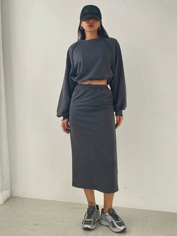 DAZY Solid Color Round Neck Raglan Sleeve Top And Skirt