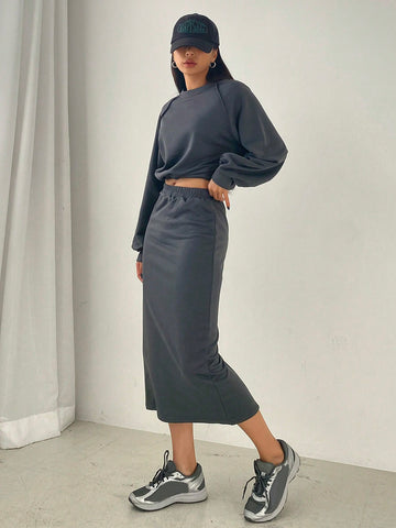 DAZY Solid Color Round Neck Raglan Sleeve Top And Skirt