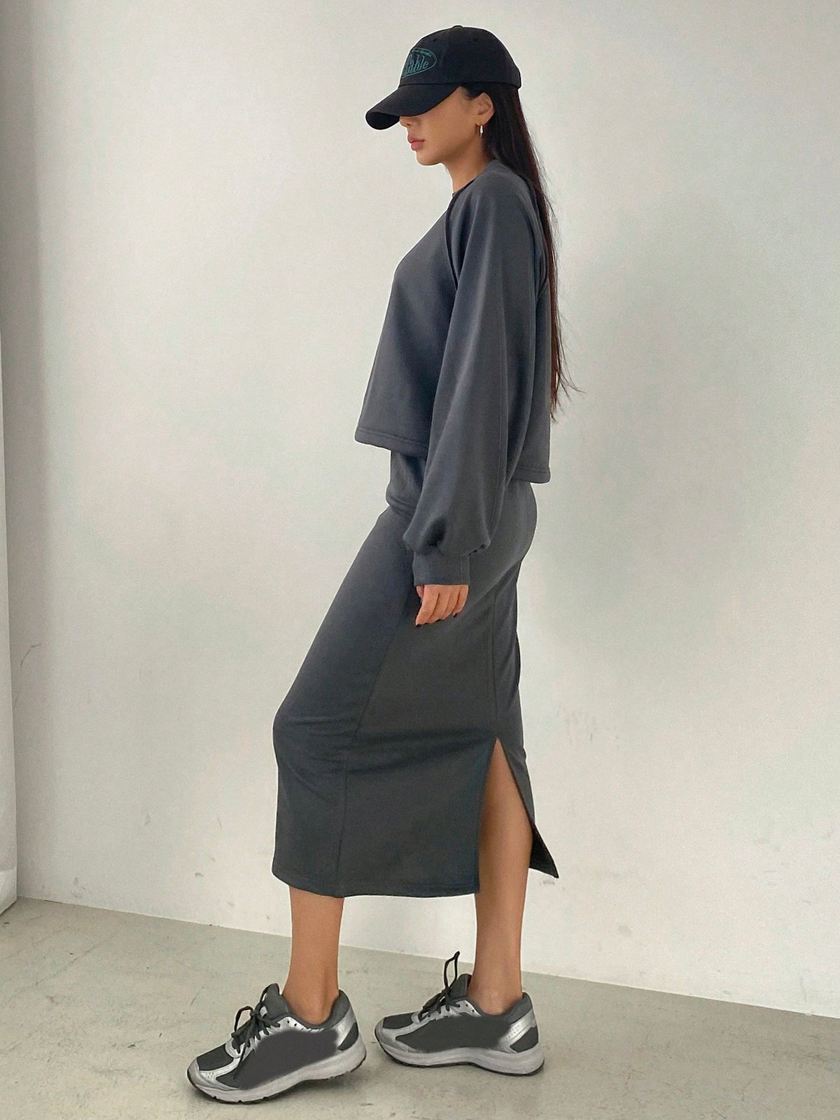 DAZY Solid Color Round Neck Raglan Sleeve Top And Skirt