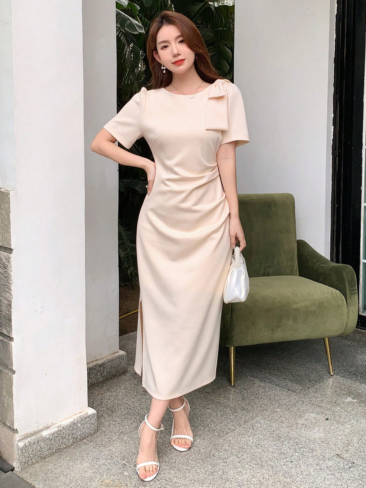 DAZY Solid Color Round Neck Split Dress With Shoulder Bowknot Decoration