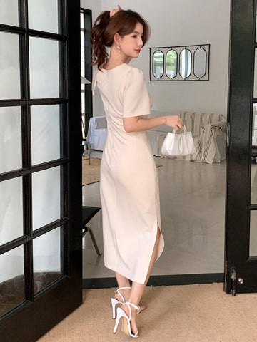DAZY Solid Color Round Neck Split Dress With Shoulder Bowknot Decoration