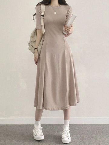 DAZY Solid Color Round Neckline & Cinching Waist Casual Dress