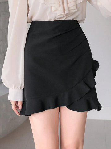 DAZY Solid Color Ruffled Hem Casual Skirt