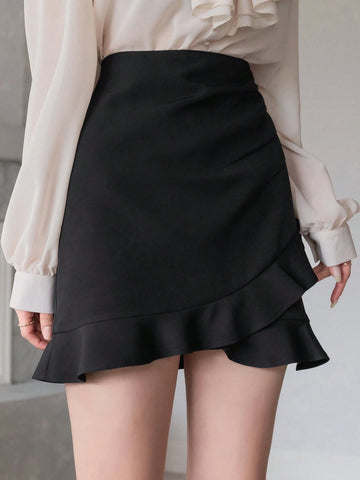 DAZY Solid Color Ruffled Hem Casual Skirt