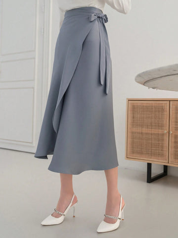 DAZY Solid Color Satin High-Low Hem Skirt With Ruffled Edge