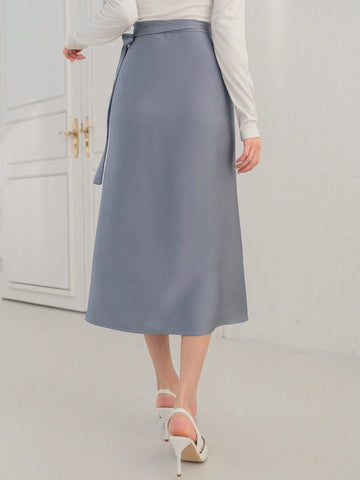 DAZY Solid Color Satin High-Low Hem Skirt With Ruffled Edge