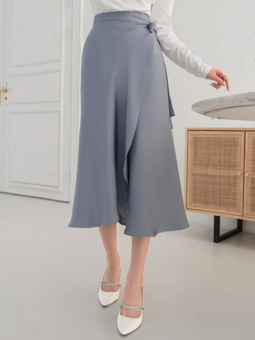 DAZY Solid Color Satin High-Low Hem Skirt With Ruffled Edge