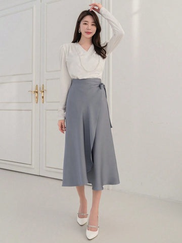 DAZY Solid Color Satin High-Low Hem Skirt With Ruffled Edge