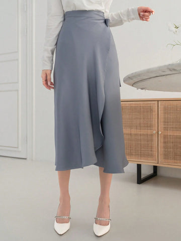 DAZY Solid Color Satin High-Low Hem Skirt With Ruffled Edge