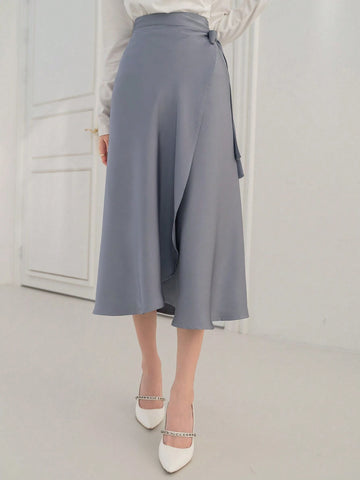 DAZY Solid Color Satin High-Low Hem Skirt With Ruffled Edge