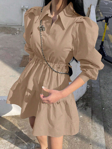 DAZY Solid Color Shirt Collar Long Sleeve Simple Pleated Short Casual Dress