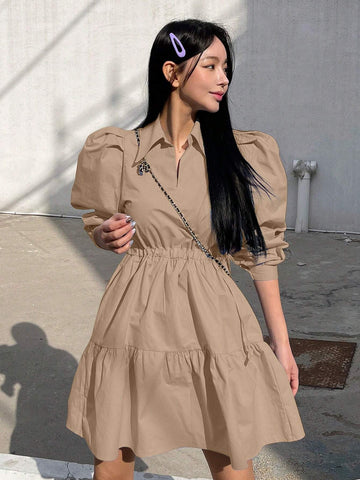 DAZY Solid Color Shirt Collar Long Sleeve Simple Pleated Short Casual Dress