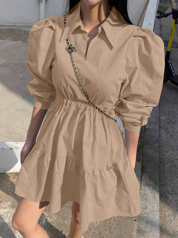 DAZY Solid Color Shirt Collar Long Sleeve Simple Pleated Short Casual Dress