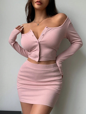 DAZY Solid Color Slim Fit Top And Bodycon Skirt Set