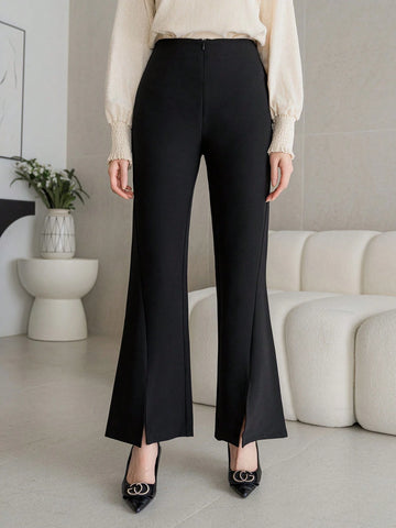 DAZY Solid Color Split Hem Elegant Women Wide Leg Pants