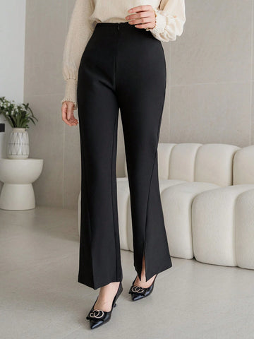 DAZY Solid Color Split Hem Elegant Women Wide Leg Pants