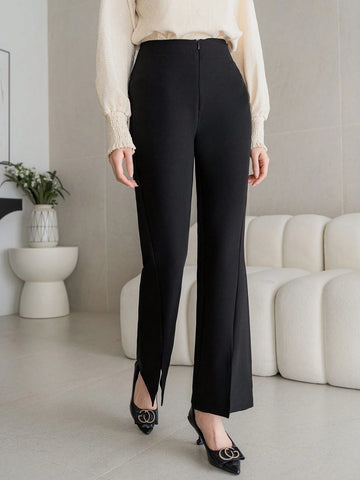 DAZY Solid Color Split Hem Elegant Women Wide Leg Pants