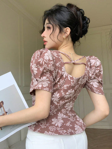 DAZY Solid Color Textured Square Neck Puff Sleeve Ruffle Trim Women's Blouse