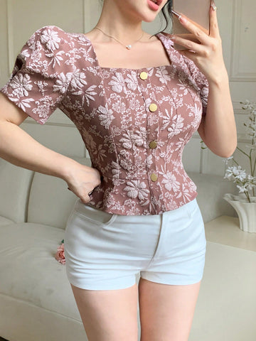 DAZY Solid Color Textured Square Neck Puff Sleeve Ruffle Trim Women's Blouse