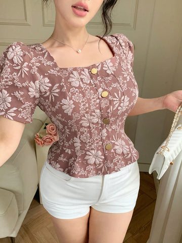 DAZY Solid Color Textured Square Neck Puff Sleeve Ruffle Trim Women's Blouse