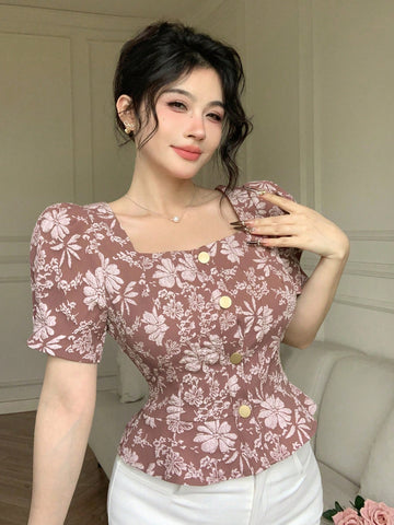 DAZY Solid Color Textured Square Neck Puff Sleeve Ruffle Trim Women's Blouse