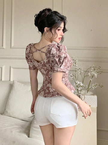 DAZY Solid Color Textured Square Neck Puff Sleeve Ruffle Trim Women's Blouse