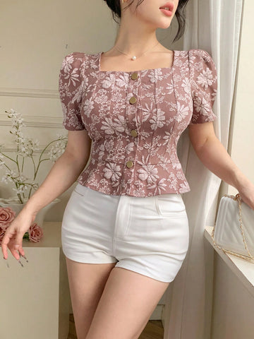 DAZY Solid Color Textured Square Neck Puff Sleeve Ruffle Trim Women's Blouse